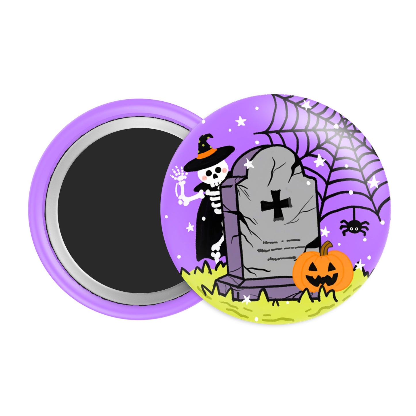 Skeleton & Tombstone Halloween Badge / Magnet – Graveyard Ghost Pin
