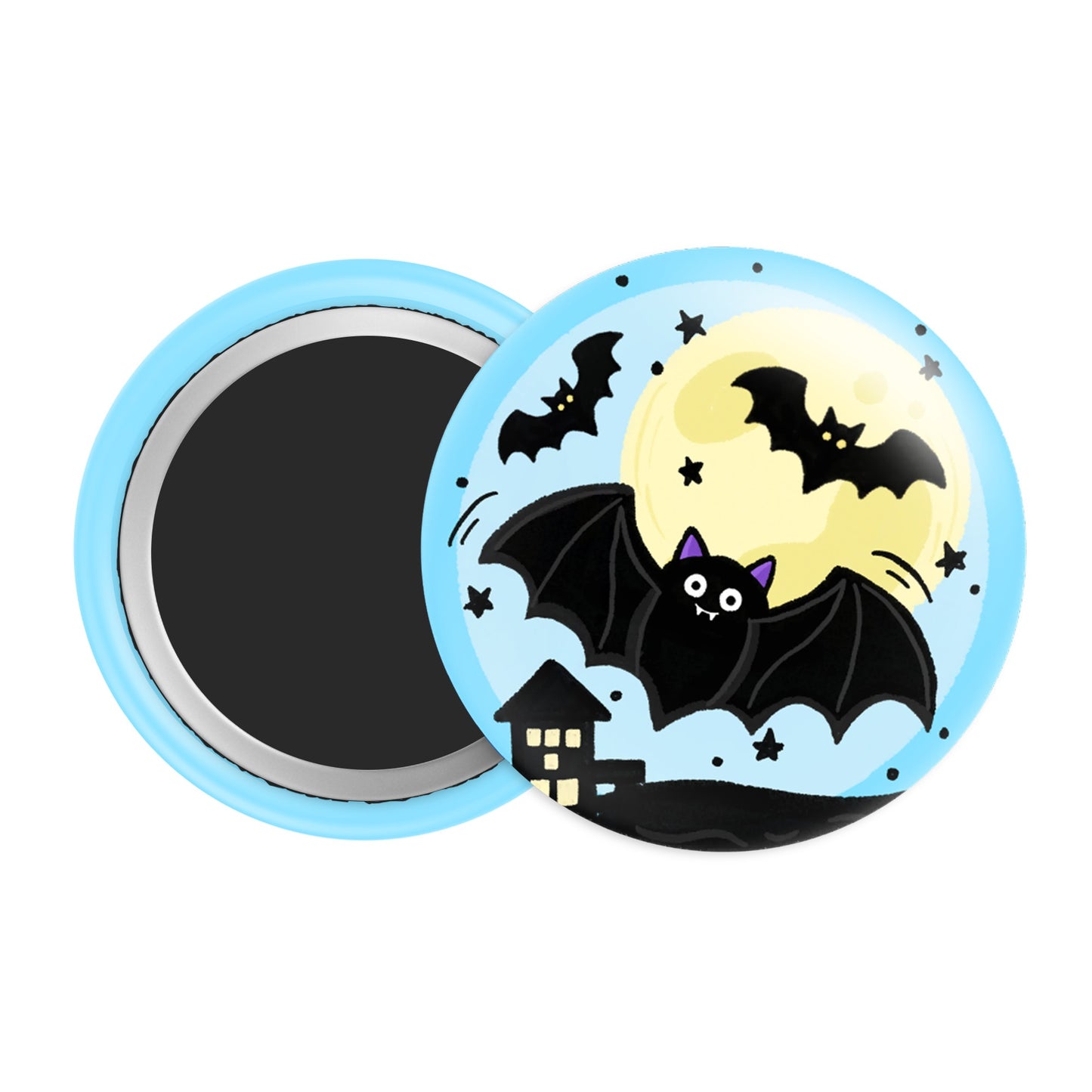 Flying Bat Halloween Badge / Magnet – Spooky Moon Night Pin