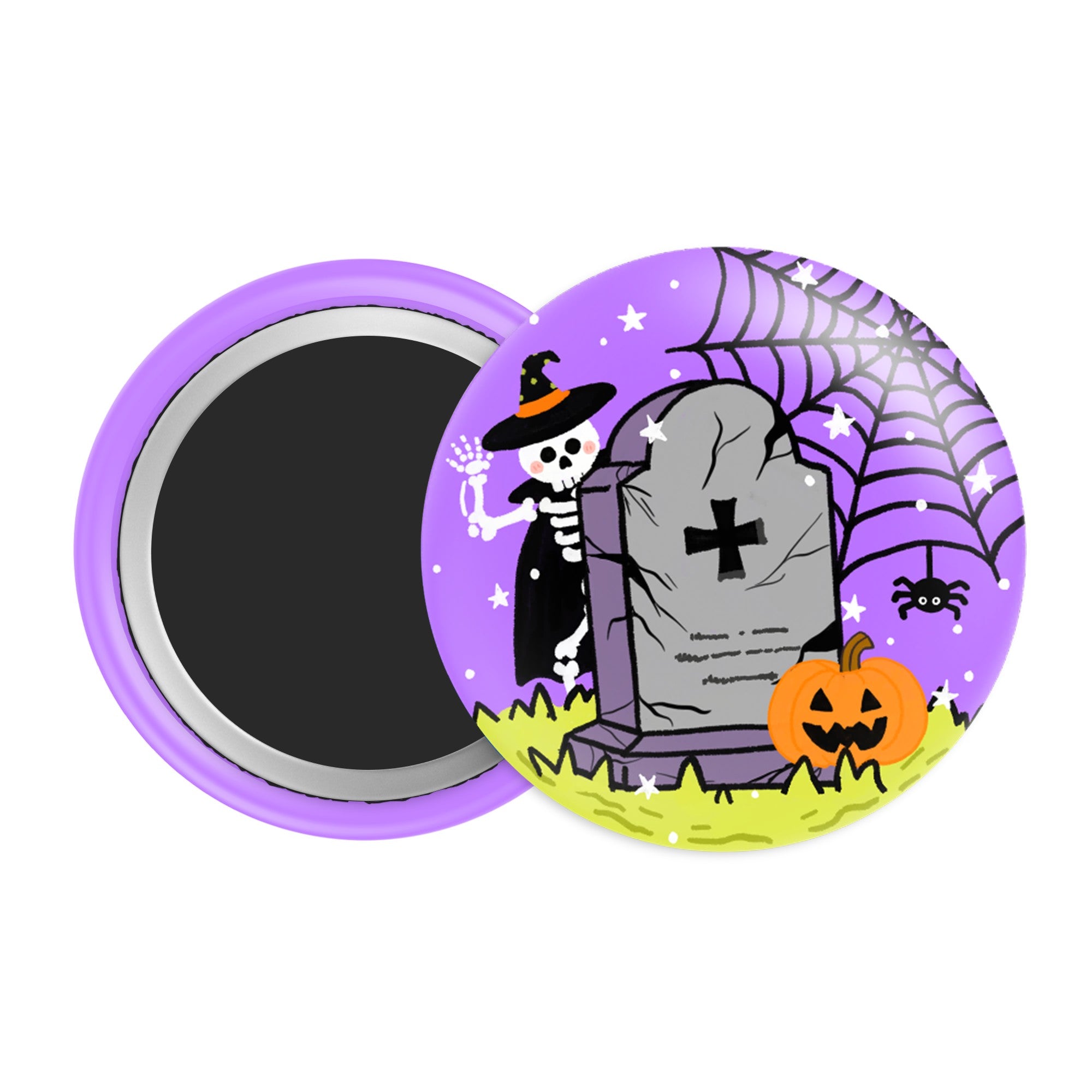 Skeleton & Tombstone Halloween Badge / Magnet – Graveyard Ghost Pin