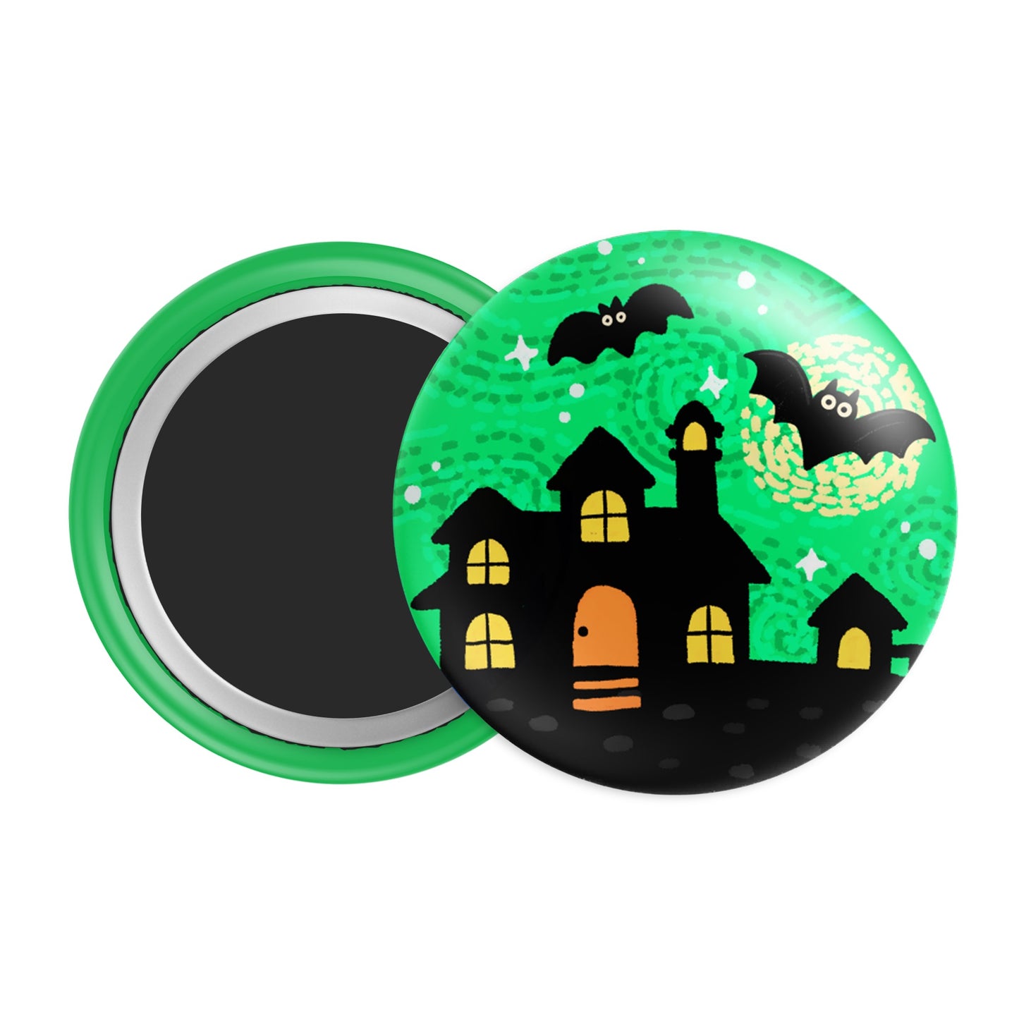 Haunted House Halloween Badge / Magnet – Spooky Bat Night Pin