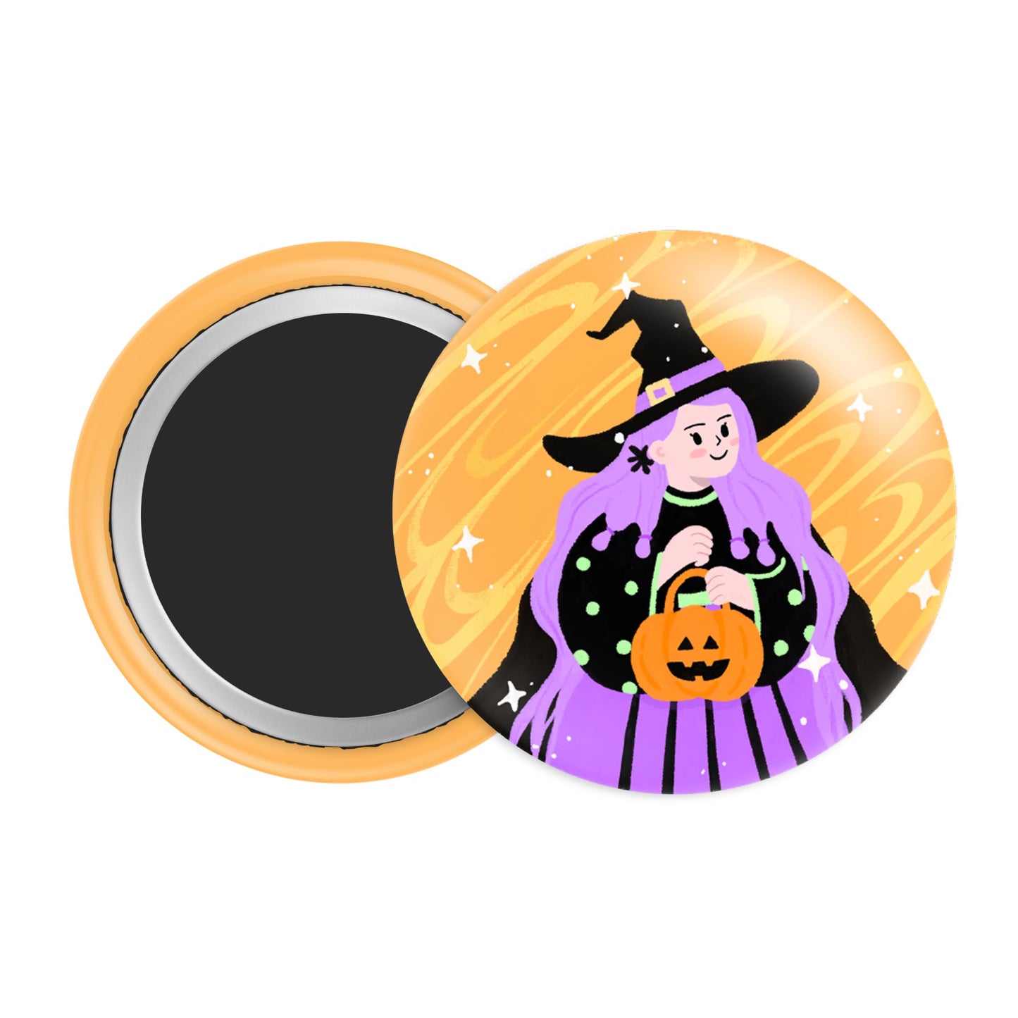 Witch Girl Halloween Badge / Magnet – Trick or Treat Pumpkin Pin