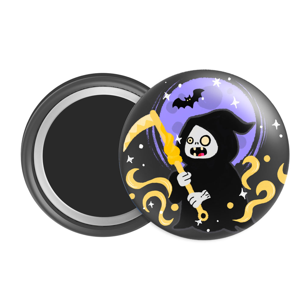 Grim Reaper Halloween Badge / Magnet – Scary Skeleton with Scythe Pin