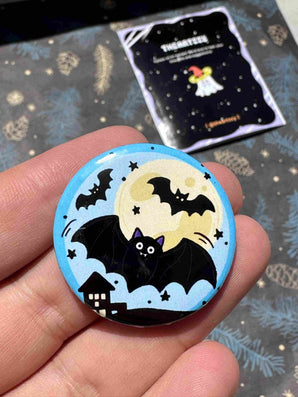 Flying Bat Halloween Badge / Magnet – Spooky Moon Night Pin