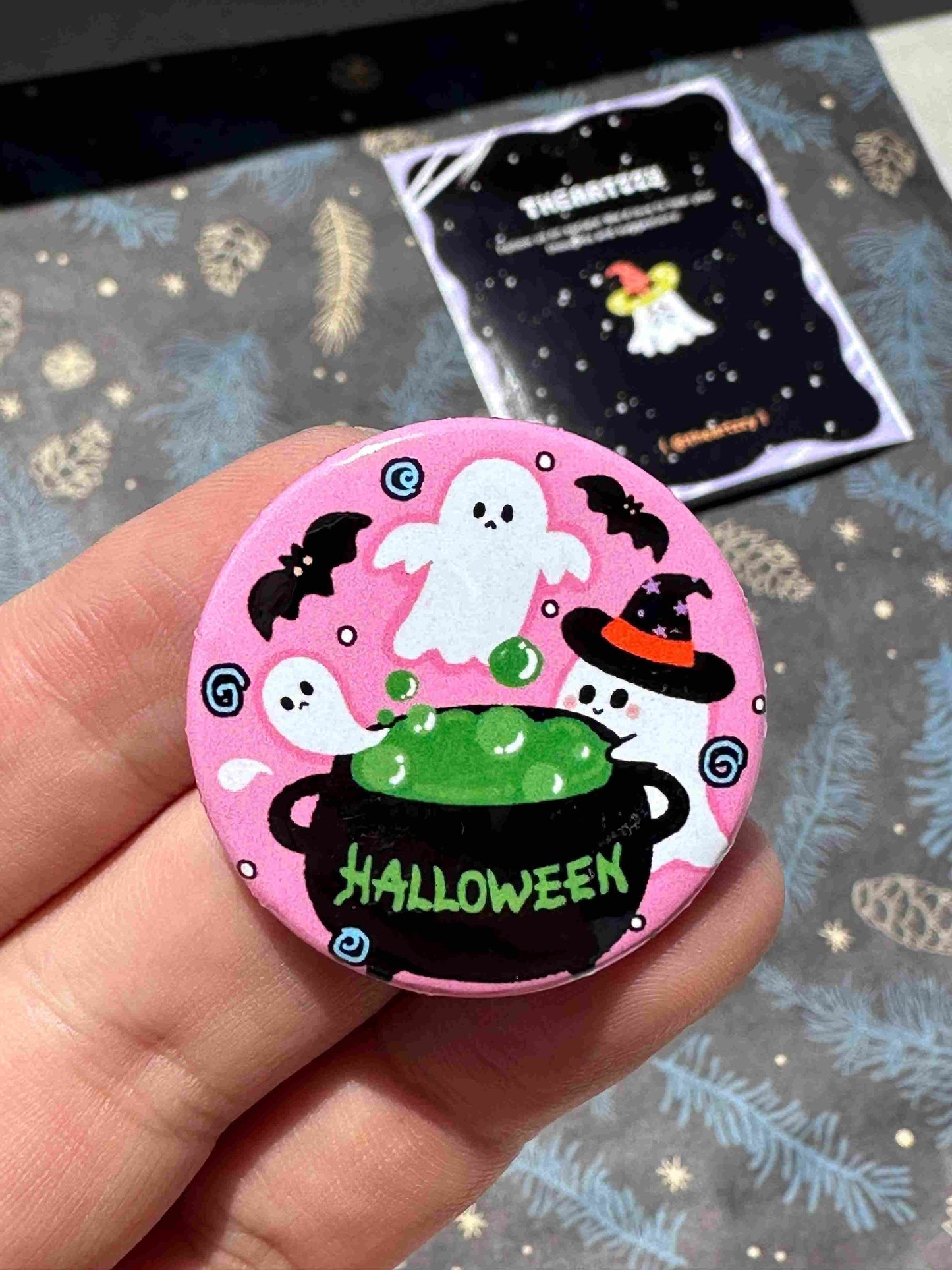 Ghost Cauldron Halloween Badge / Magnet – Cute Pink Witch Potion Pin