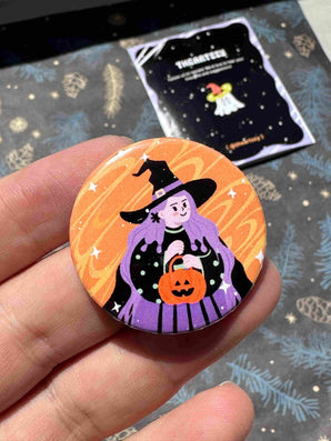 Witch Girl Halloween Badge / Magnet – Trick or Treat Pumpkin Pin