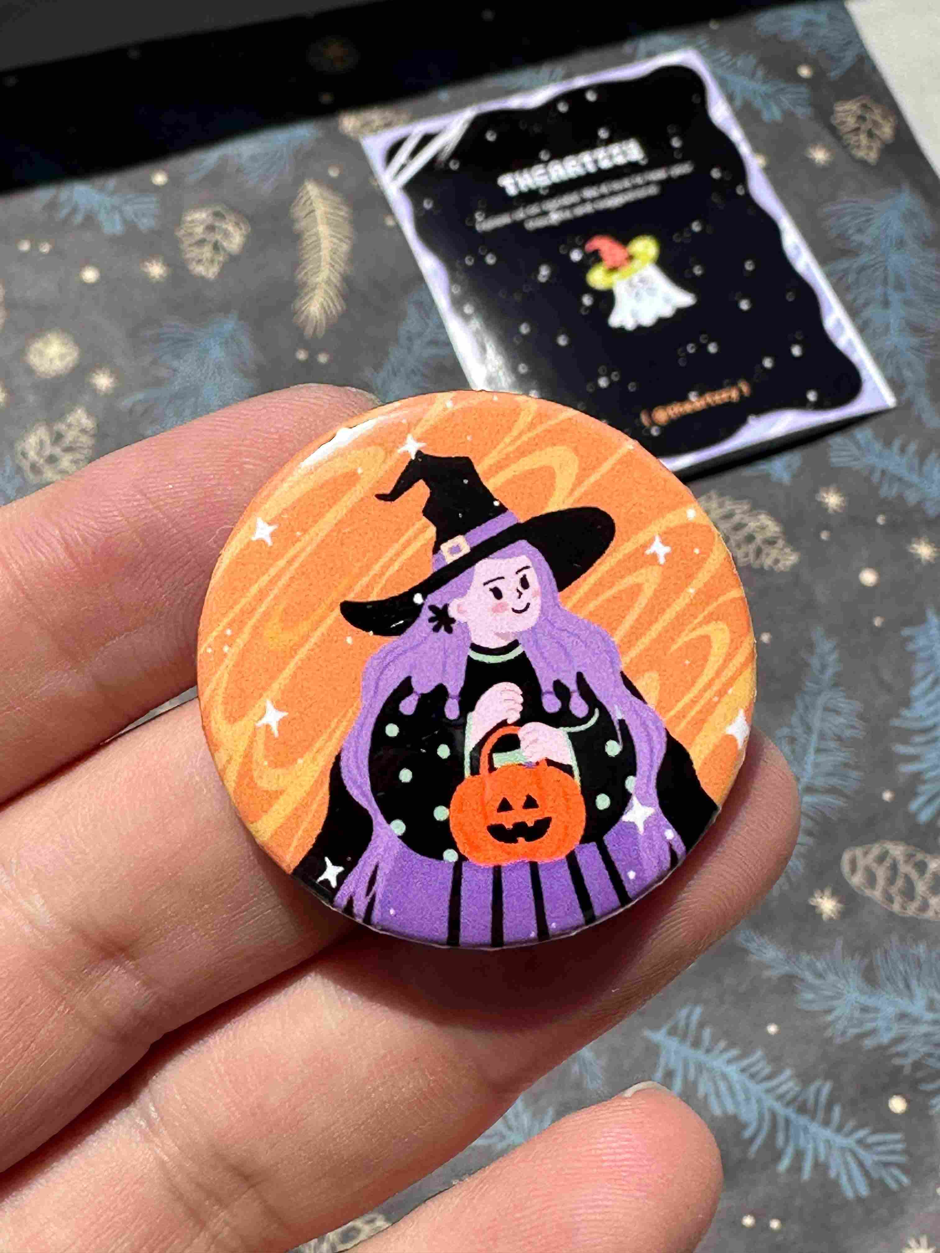 Witch Girl Halloween Badge / Magnet – Trick or Treat Pumpkin Pin