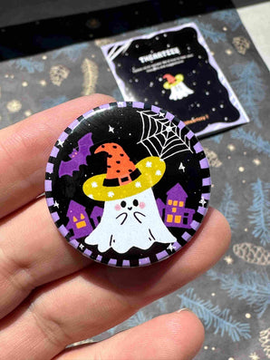 Kawaii Ghost Witch Halloween Badge / Magnet – Cute Haunted House Pin