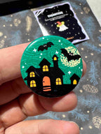 Haunted House Halloween Badge / Magnet – Spooky Bat Night Pin