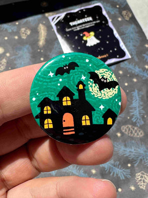 Haunted House Halloween Badge / Magnet – Spooky Bat Night Pin
