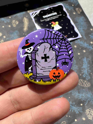 Skeleton & Tombstone Halloween Badge / Magnet – Graveyard Ghost Pin