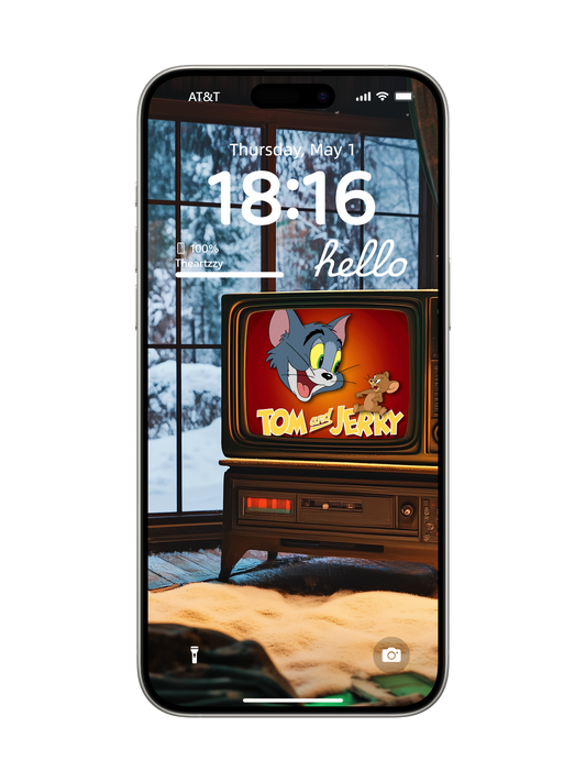 Cozy Winter Nostalgia: Tom & Jerry Retro TV Wallpaper for iPhone/Android (4K HD)