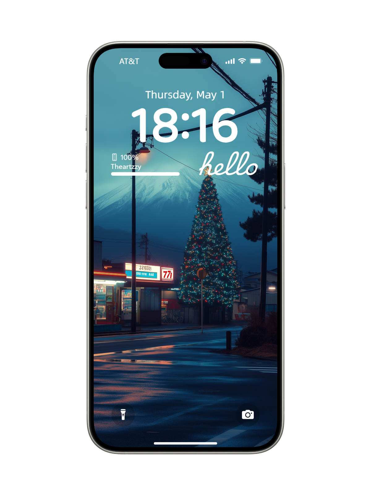 Serene Winter Twilight: Glowing Christmas Tree & Mountain Snowscape Wallpaper for iOS/Android (5K Ultra HD)